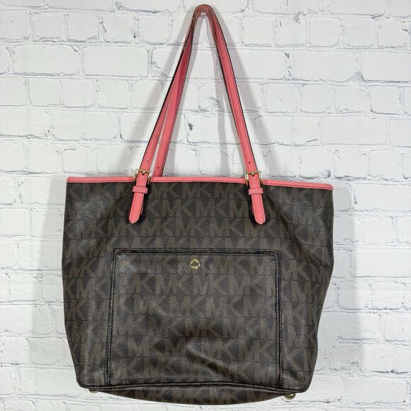 Michael Kors Tore Shoulder Bag Women Monogram MK logo Brown Pink Medium Jet Set - Picture 2 of 16